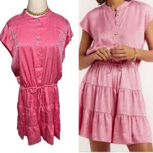 Rebecca Minkoff Ollie flounce dress pink punch animal print pearl button size XL